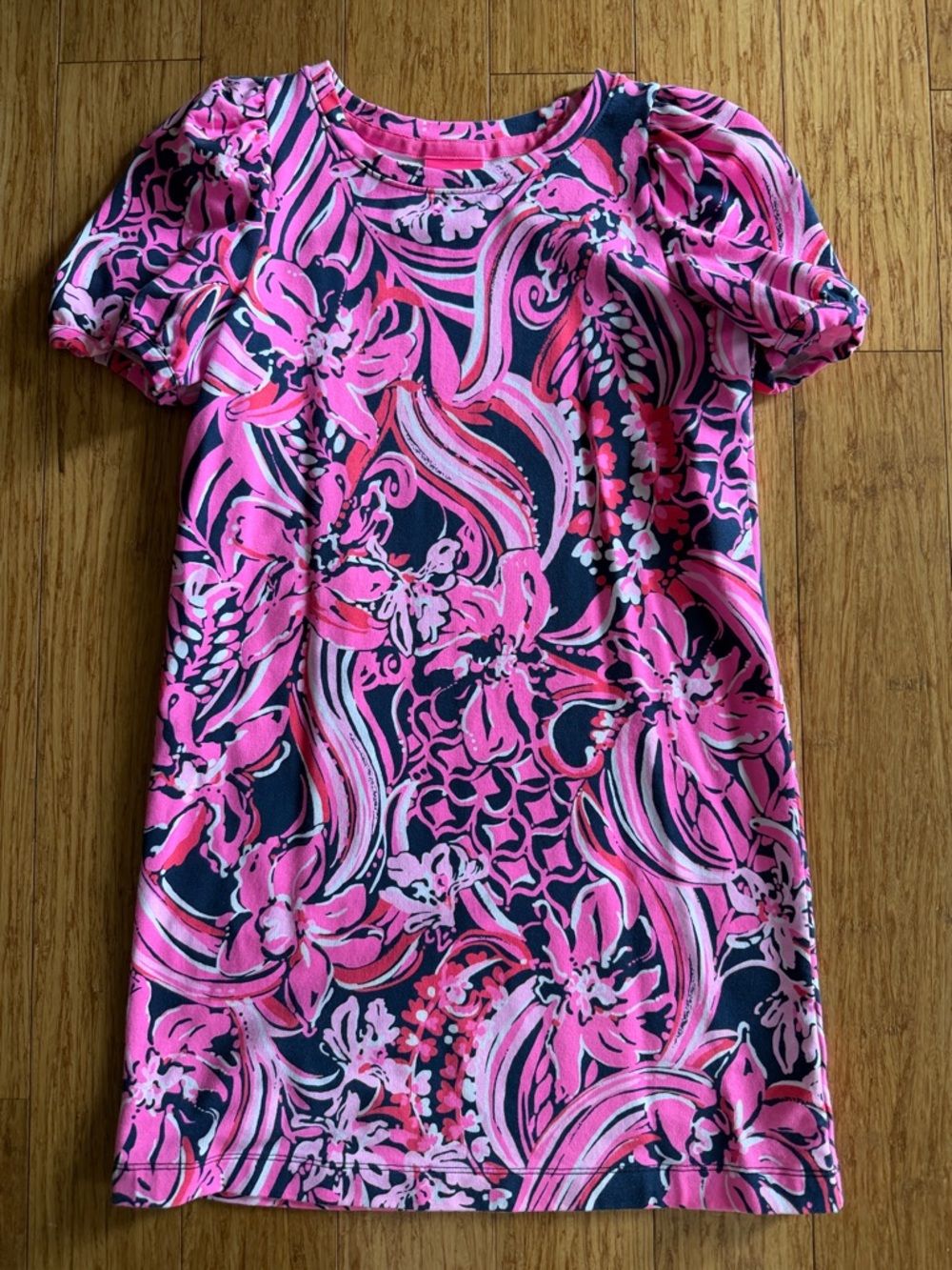 Lilly Pulitzer Pink and Navy Floral Shift Dress L(8-10)